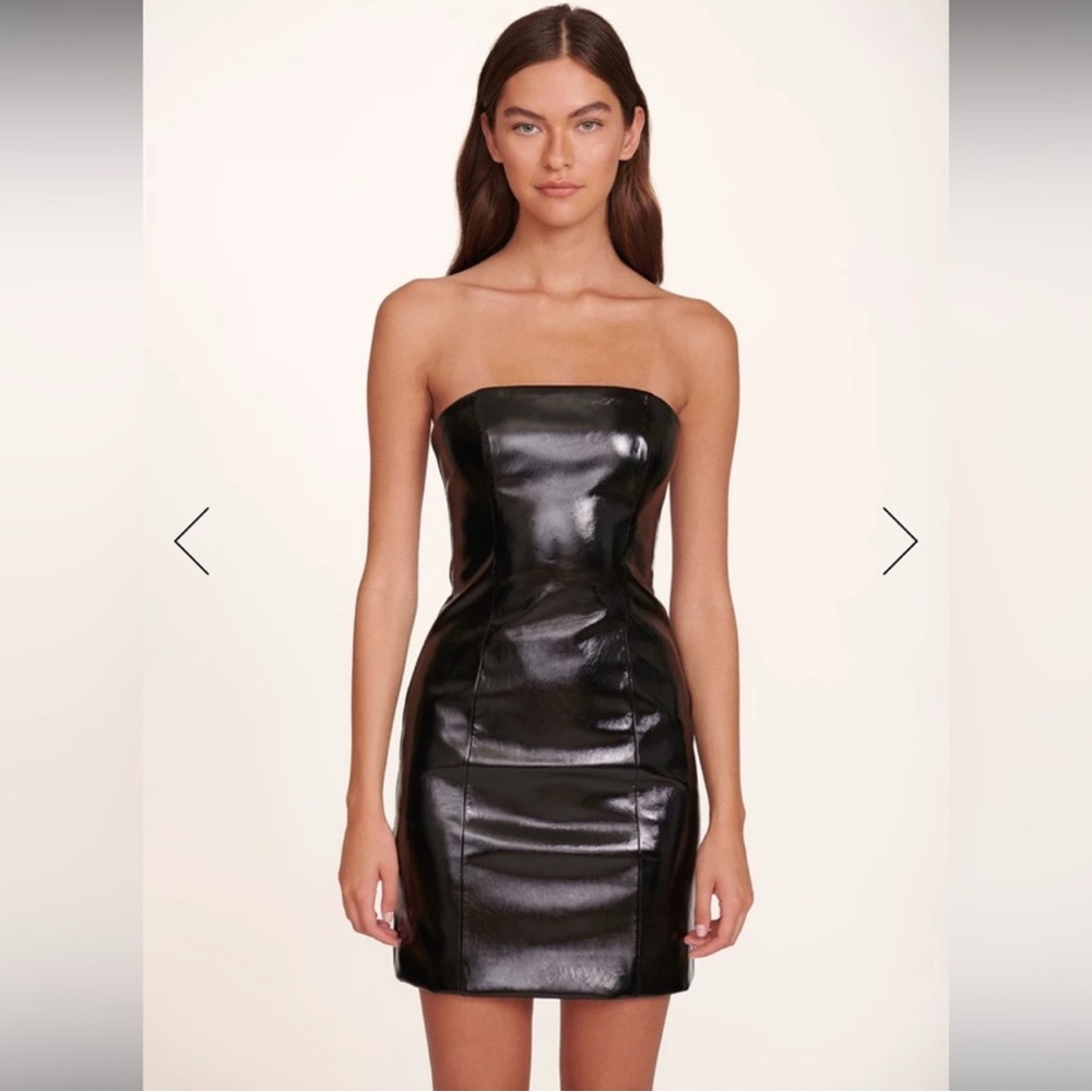 Real Elegant leather Black Strapless Dress